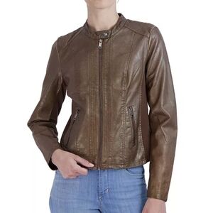 SEBBY Women's Brown Faux Leather Zip Jacket
